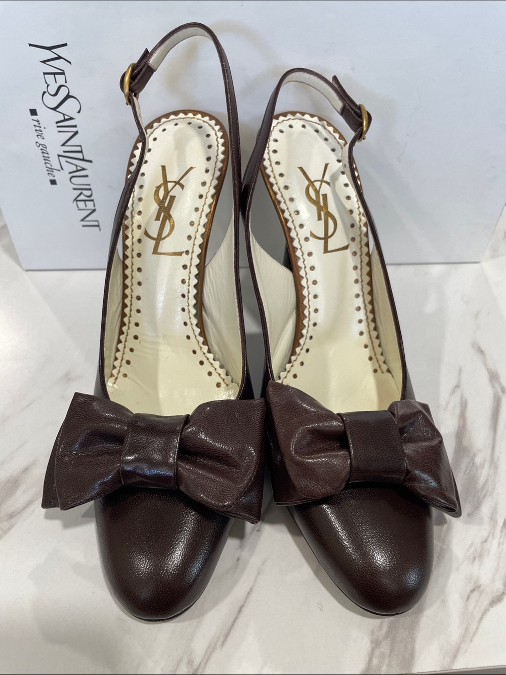 Yves Saint Laurent Dark Brown Leather Bow Slingback Pumps